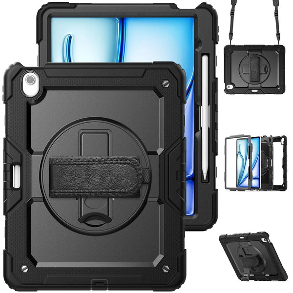3in1 Heavy Duty Armor Protective Cases for IPad (A19) 12th A16 11th 10th Air 11 13 M4 M3 M2 Shoulder Strap & Pencil Holder Cover