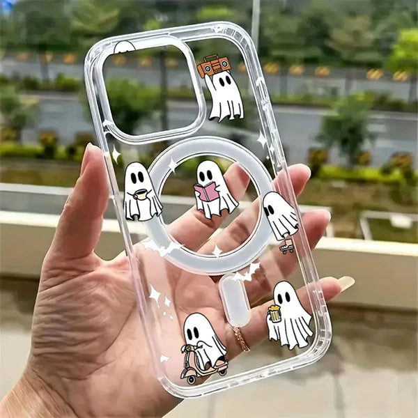 Magnetic Halloween Ghost Pattern Phone Case for iPhone 17 16 Pro Max 15 14 13 12 11 Pro 16E 17Air XR X XS 7 8 Plus Acrylic Cover