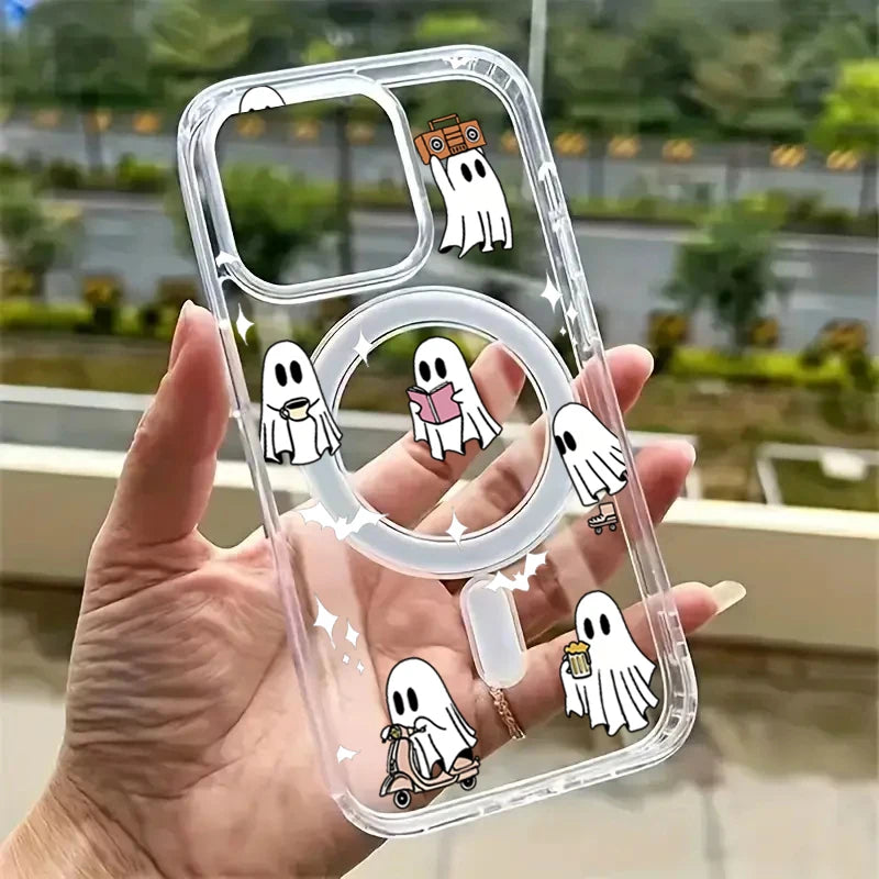 Magnetic Halloween Ghost Pattern Phone Case for iPhone 17 16 Pro Max 15 14 13 12 11 Pro 16E 17Air XR X XS 7 8 Plus Acrylic Cover