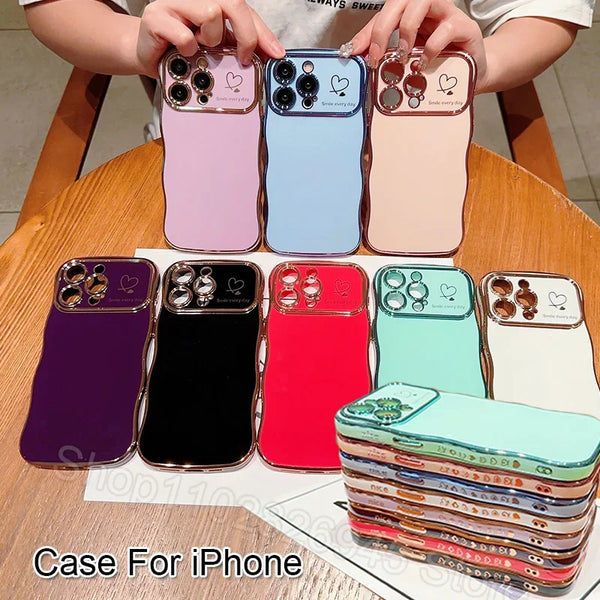 Wave Plating Love Heart Phone Cases For IPhone 17 16 15 Pro Max 14 13 12 11 Shockproof Back Cover